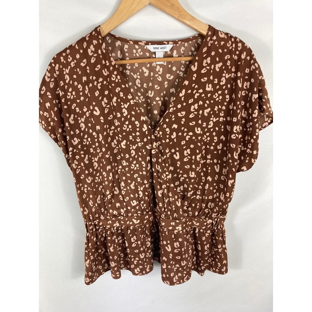 Nine West Animal Print V Neck Peplum Blouse Size Large
